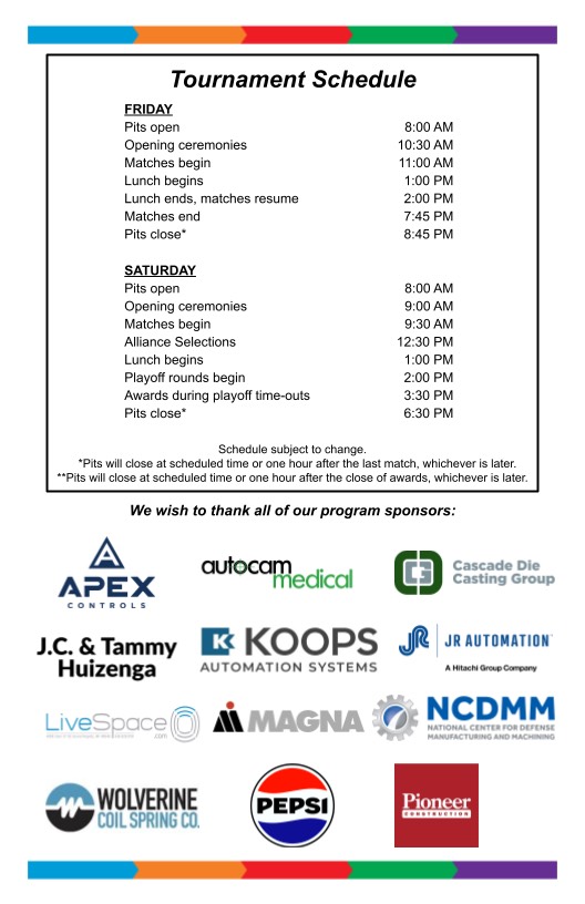 2026 FIRST Robotics West Michigan Regional Competition program page 1
